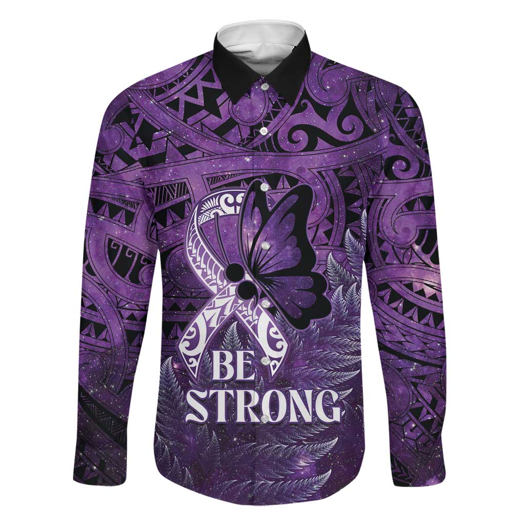 Lupus Awareness Month New Zealand Family Matching Mermaid Dress and Hawaiian Shirt Be Strong Warrior Maori Silver Fern LT14 Dad's Shirt - Long Sleeve Purple - Polynesian Pride