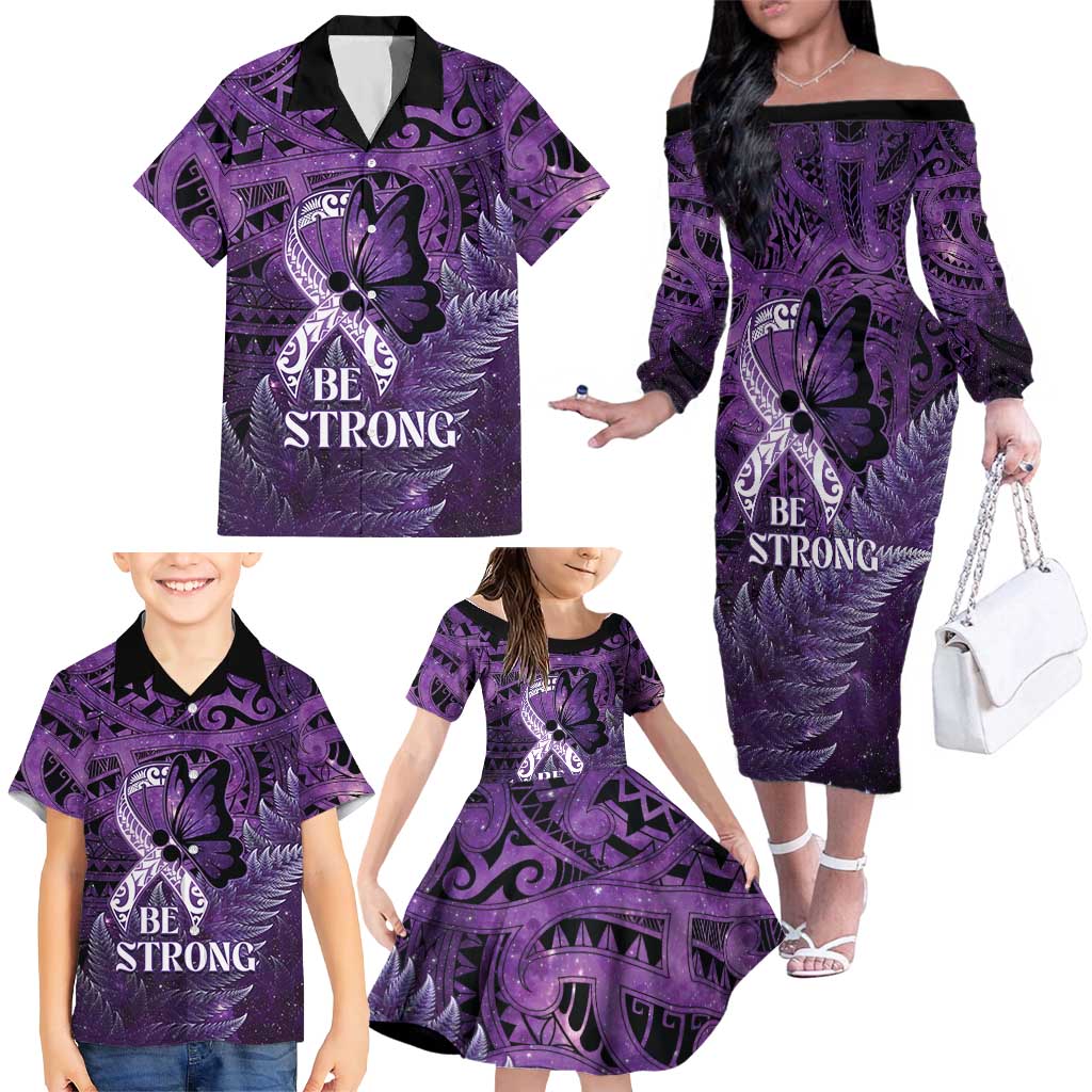 Lupus Awareness Month New Zealand Family Matching Off The Shoulder Long Sleeve Dress and Hawaiian Shirt Be Strong Warrior Maori Silver Fern
