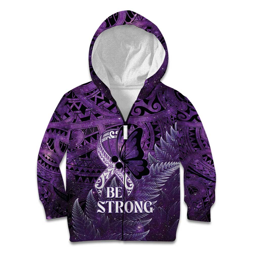 Lupus Awareness Month New Zealand Kid Hoodie Be Strong Warrior Maori Silver Fern LT14 Zip Hoodie Purple - Polynesian Pride