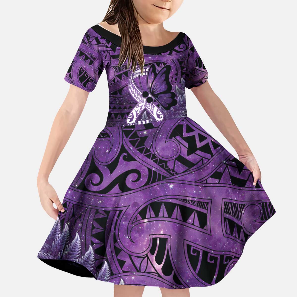 Lupus Awareness Month New Zealand Kid Short Sleeve Dress Be Strong Warrior Maori Silver Fern LT14 KID Purple - Polynesian Pride