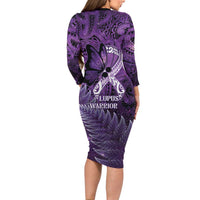 Lupus Awareness Month New Zealand Long Sleeve Bodycon Dress Be Strong Warrior Maori Silver Fern LT14 - Polynesian Pride