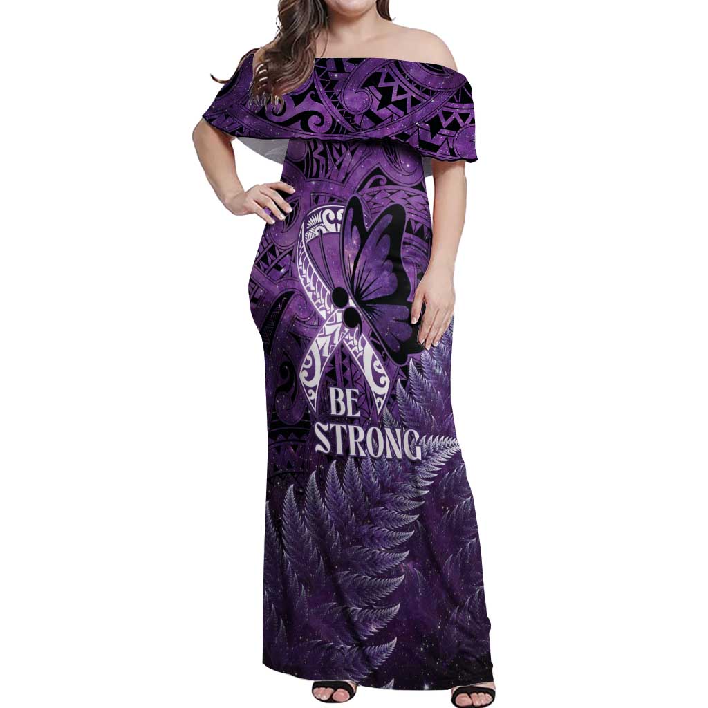 Lupus Awareness Month New Zealand Off Shoulder Maxi Dress Be Strong Warrior Maori Silver Fern LT14 Women Purple - Polynesian Pride