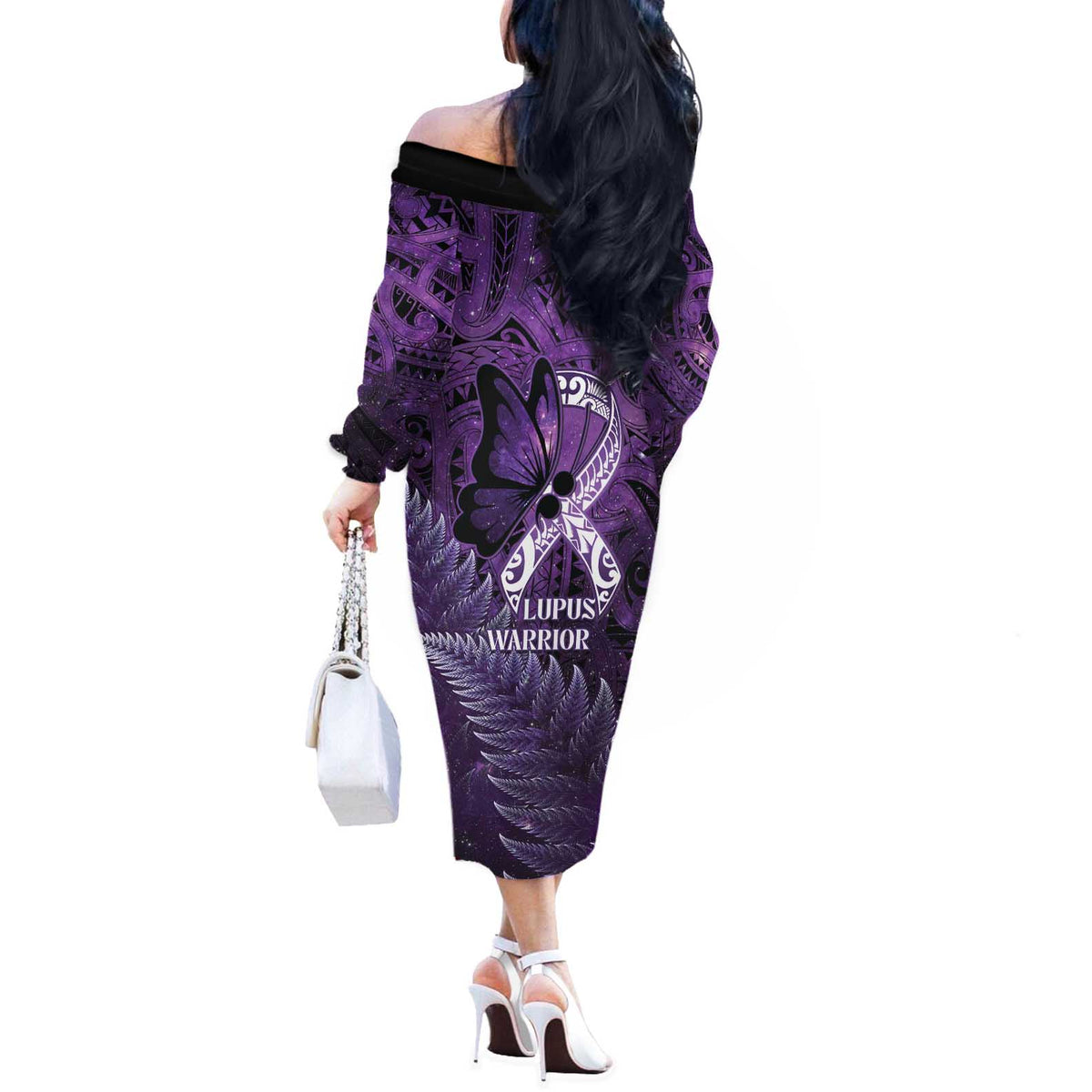 Lupus Awareness Month New Zealand Off The Shoulder Long Sleeve Dress Be Strong Warrior Maori Silver Fern LT14 - Polynesian Pride