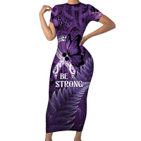 Lupus Awareness Month New Zealand Short Sleeve Bodycon Dress Be Strong Warrior Maori Silver Fern LT14 Long Dress Purple - Polynesian Pride