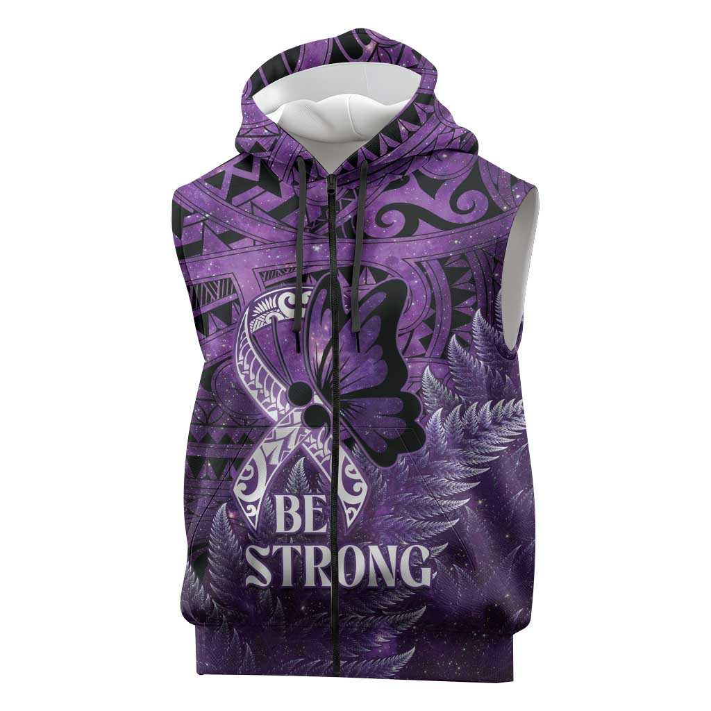 Lupus Awareness Month New Zealand Sleeveless Zip Hoodie Be Strong Warrior Maori Silver Fern LT14 Purple - Polynesian Pride