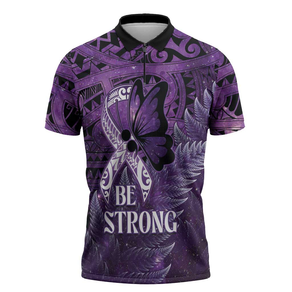 Lupus Awareness Month New Zealand Zipper Polo Shirt Be Strong Warrior Maori Silver Fern LT14 Purple - Polynesian Pride