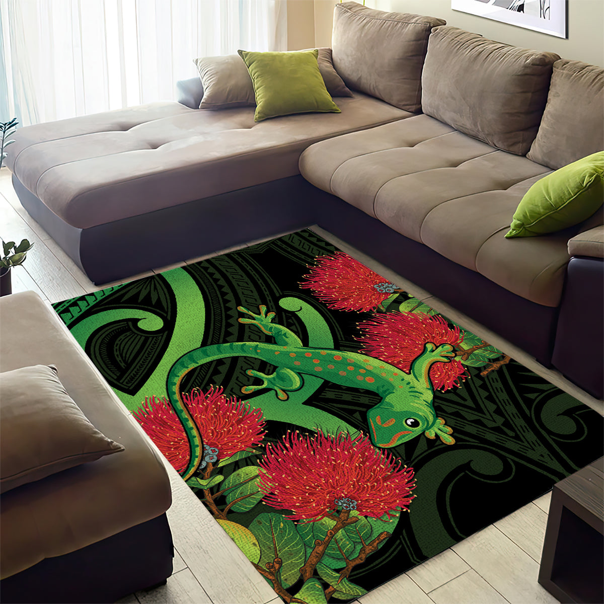New Zealand Gecko Area Rug Aotearoa Maori With Pohutukawa Flowers LT14 - Polynesian Pride