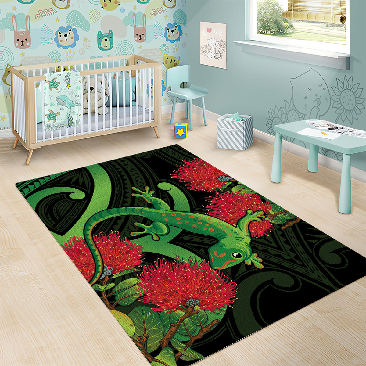 New Zealand Gecko Area Rug Aotearoa Maori With Pohutukawa Flowers LT14 - Polynesian Pride