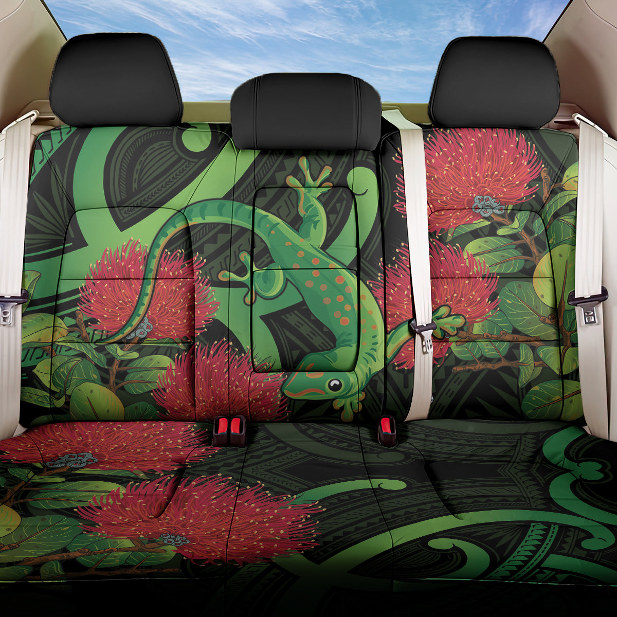 New Zealand Gecko Back Car Seat Cover Aotearoa Maori With Pohutukawa Flowers LT14 One Size Black - Polynesian Pride