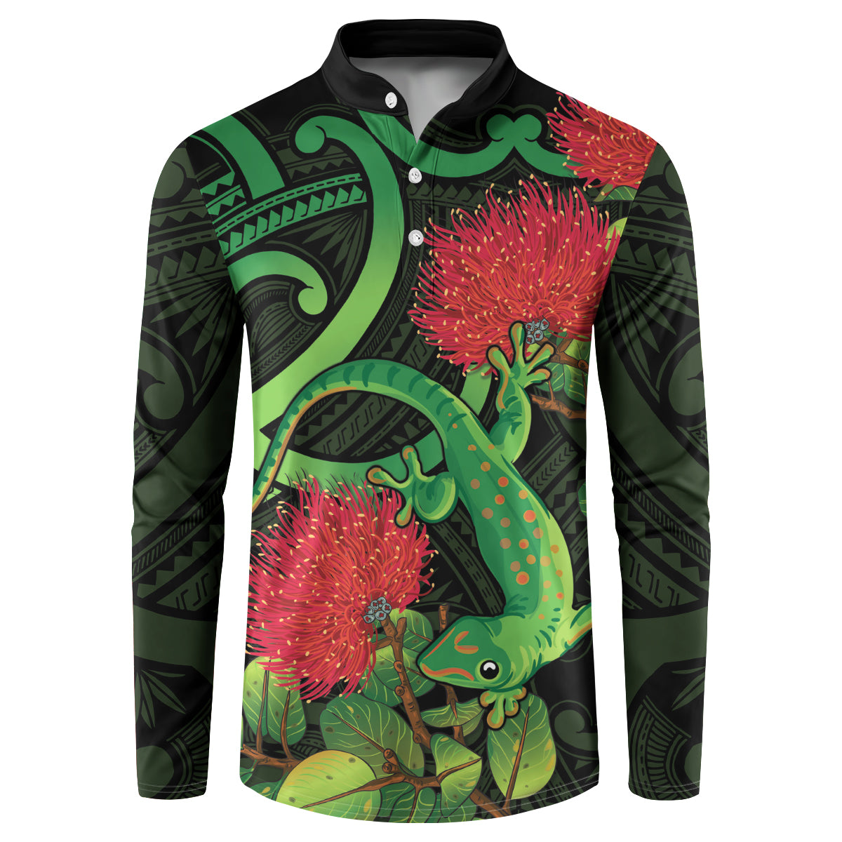 New Zealand Gecko Button Sweatshirt Aotearoa Maori With Pohutukawa Flowers LT14 Black - Polynesian Pride