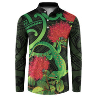 New Zealand Gecko Button Sweatshirt Aotearoa Maori With Pohutukawa Flowers LT14 Black - Polynesian Pride