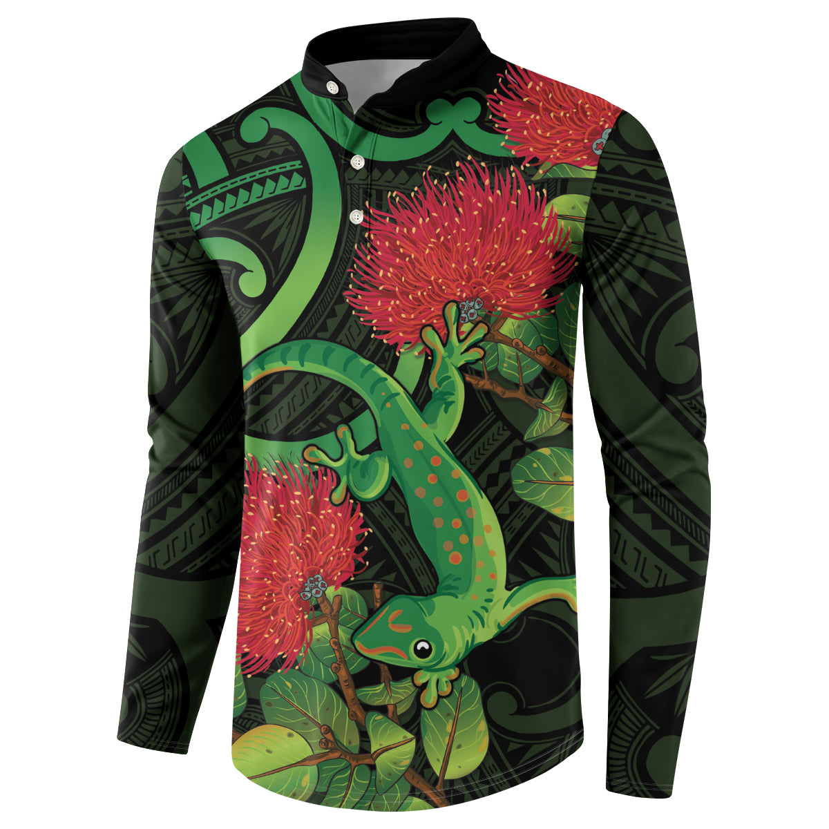 New Zealand Gecko Button Sweatshirt Aotearoa Maori With Pohutukawa Flowers LT14 - Polynesian Pride