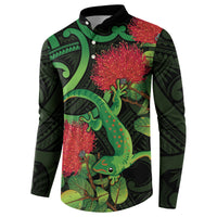 New Zealand Gecko Button Sweatshirt Aotearoa Maori With Pohutukawa Flowers LT14 - Polynesian Pride