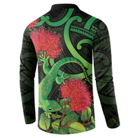 New Zealand Gecko Button Sweatshirt Aotearoa Maori With Pohutukawa Flowers LT14 - Polynesian Pride