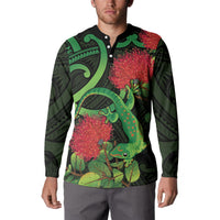 New Zealand Gecko Button Sweatshirt Aotearoa Maori With Pohutukawa Flowers LT14 - Polynesian Pride