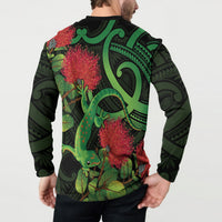 New Zealand Gecko Button Sweatshirt Aotearoa Maori With Pohutukawa Flowers LT14 - Polynesian Pride