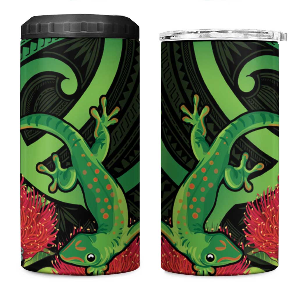 New Zealand Gecko 4 in 1 Can Cooler Tumbler Aotearoa Maori With Pohutukawa Flowers LT14 One Size: 16 oz Black - Polynesian Pride