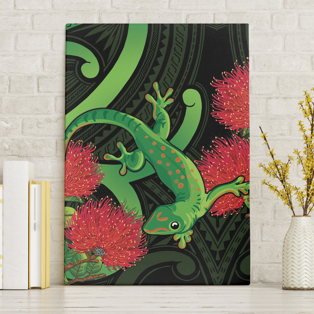 New Zealand Gecko Canvas Wall Art Aotearoa Maori With Pohutukawa Flowers LT14 Without Frame Black - Polynesian Pride