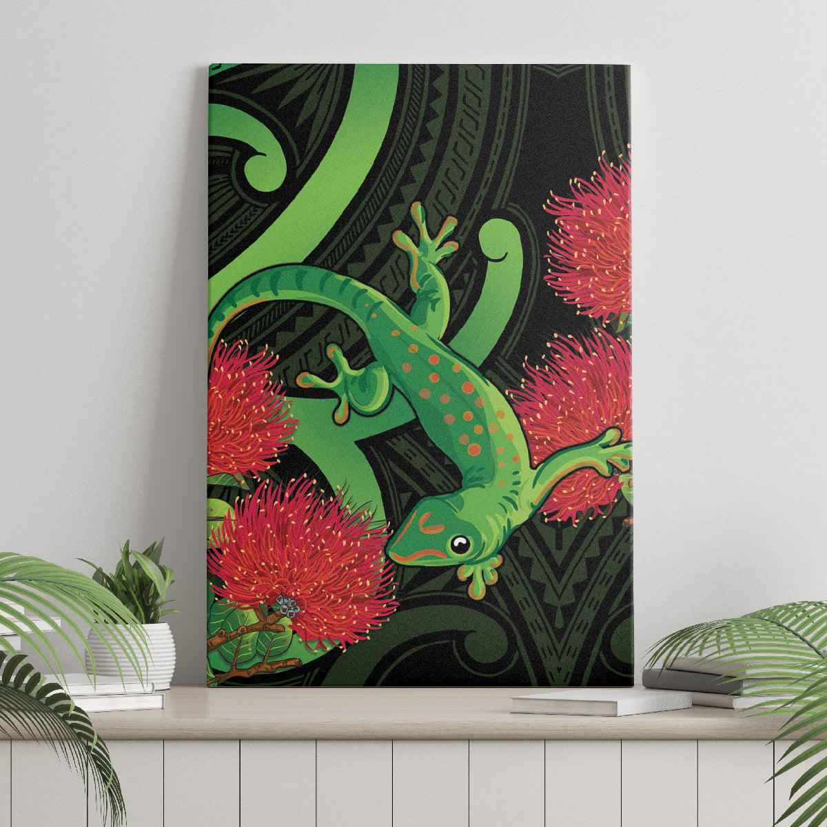 New Zealand Gecko Canvas Wall Art Aotearoa Maori With Pohutukawa Flowers LT14 - Polynesian Pride
