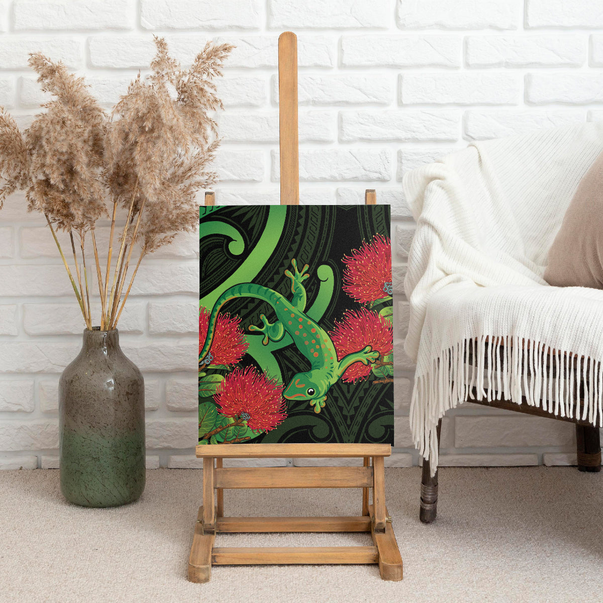 New Zealand Gecko Canvas Wall Art Aotearoa Maori With Pohutukawa Flowers LT14 - Polynesian Pride