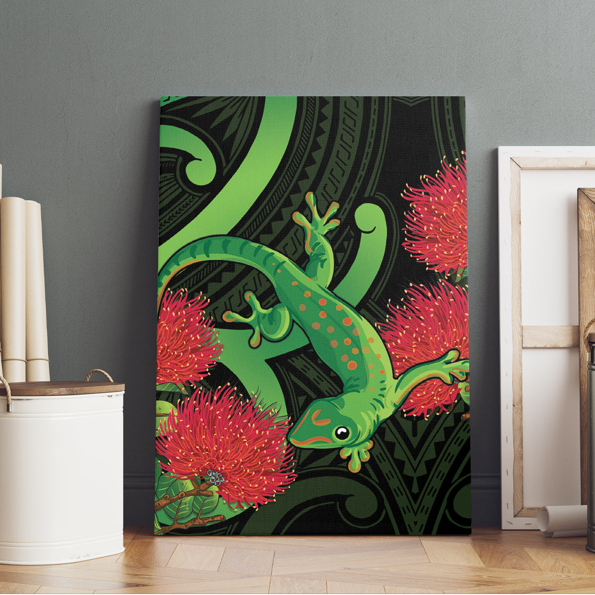New Zealand Gecko Canvas Wall Art Aotearoa Maori With Pohutukawa Flowers LT14 - Polynesian Pride