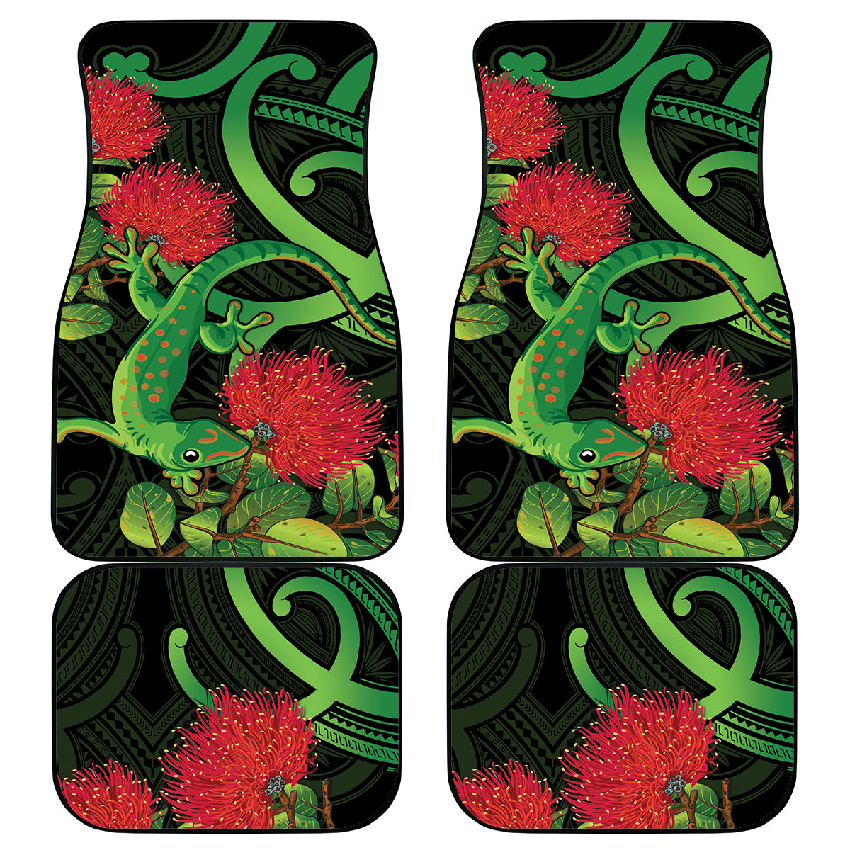 New Zealand Gecko Car Mats Aotearoa Maori With Pohutukawa Flowers LT14 - Polynesian Pride