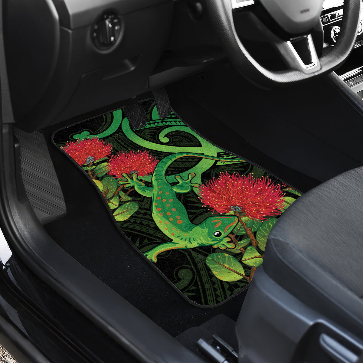 New Zealand Gecko Car Mats Aotearoa Maori With Pohutukawa Flowers LT14 - Polynesian Pride