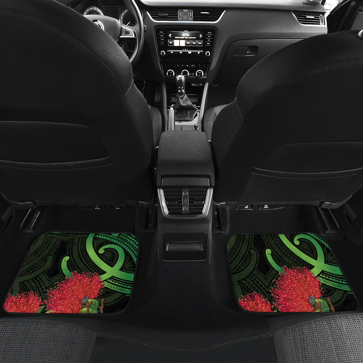 New Zealand Gecko Car Mats Aotearoa Maori With Pohutukawa Flowers LT14 Set 2pcs - Back Black - Polynesian Pride