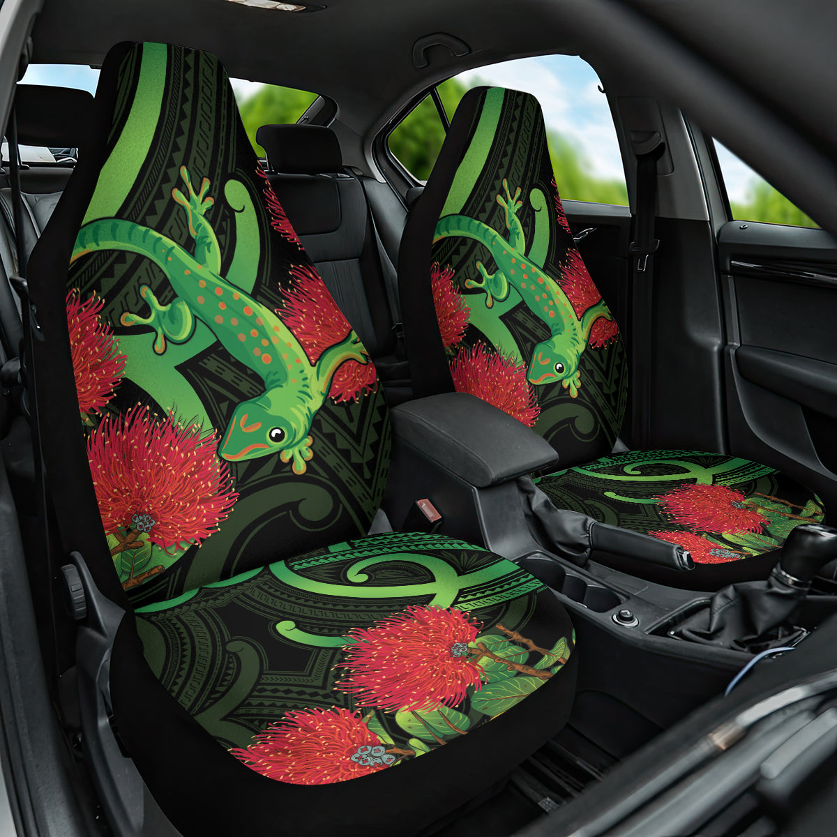 New Zealand Gecko Car Seat Cover Aotearoa Maori With Pohutukawa Flowers LT14 One Size Black - Polynesian Pride