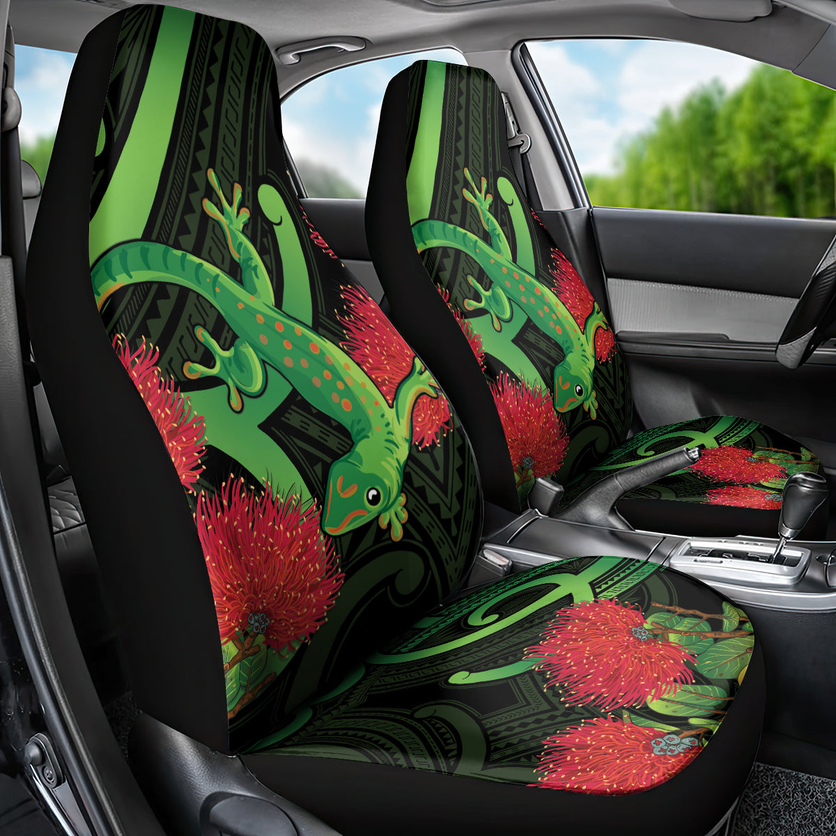 New Zealand Gecko Car Seat Cover Aotearoa Maori With Pohutukawa Flowers LT14 - Polynesian Pride