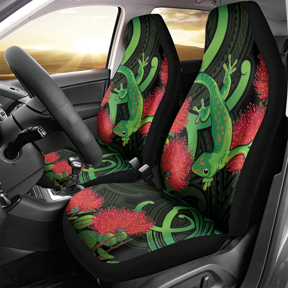 New Zealand Gecko Car Seat Cover Aotearoa Maori With Pohutukawa Flowers LT14 - Polynesian Pride