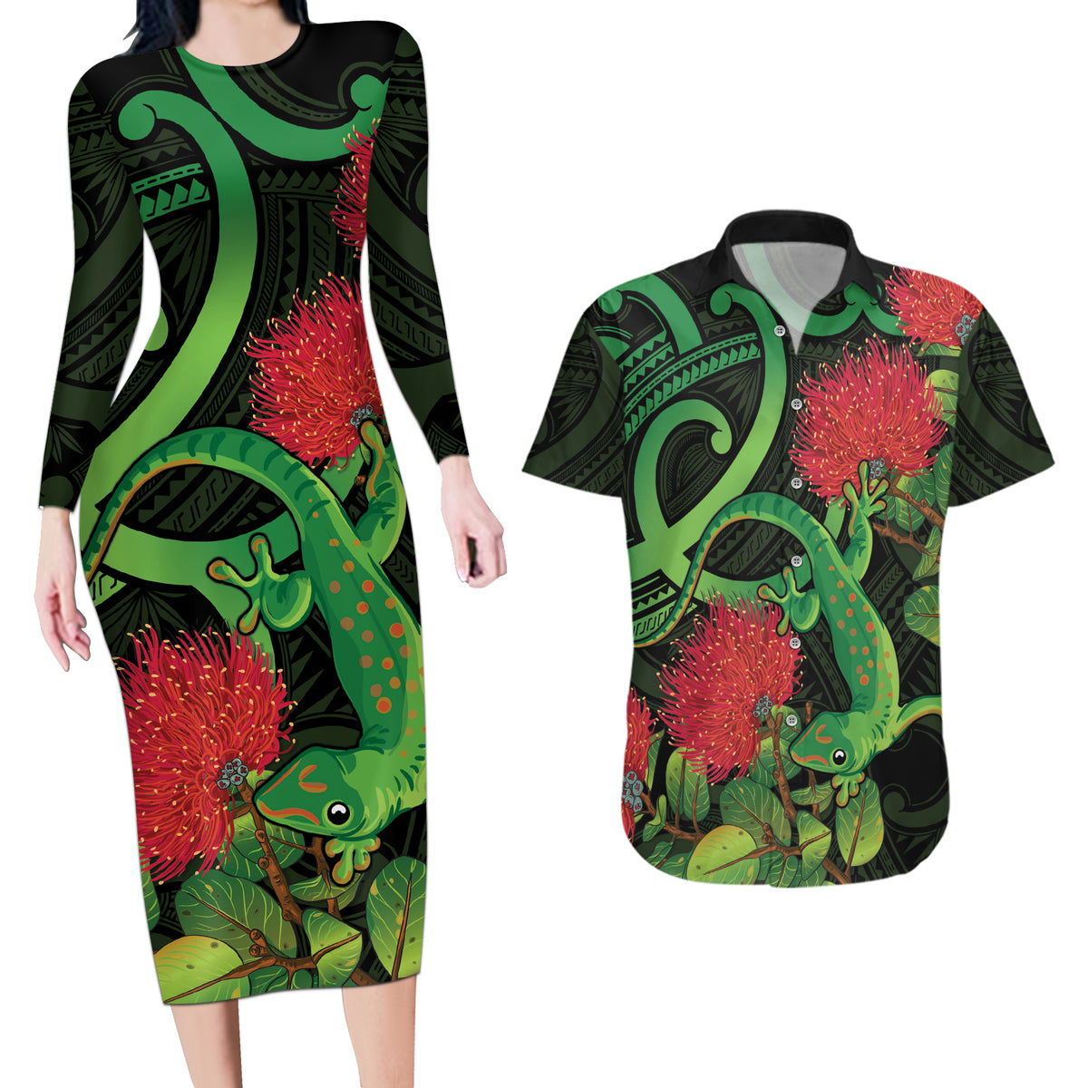 New Zealand Gecko Couples Matching Long Sleeve Bodycon Dress and Hawaiian Shirt Aotearoa Maori With Pohutukawa Flowers LT14 Black - Polynesian Pride