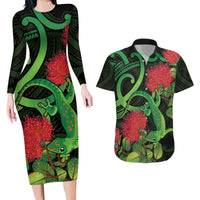 New Zealand Gecko Couples Matching Long Sleeve Bodycon Dress and Hawaiian Shirt Aotearoa Maori With Pohutukawa Flowers LT14 Black - Polynesian Pride
