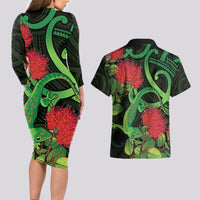 New Zealand Gecko Couples Matching Long Sleeve Bodycon Dress and Hawaiian Shirt Aotearoa Maori With Pohutukawa Flowers LT14 - Polynesian Pride