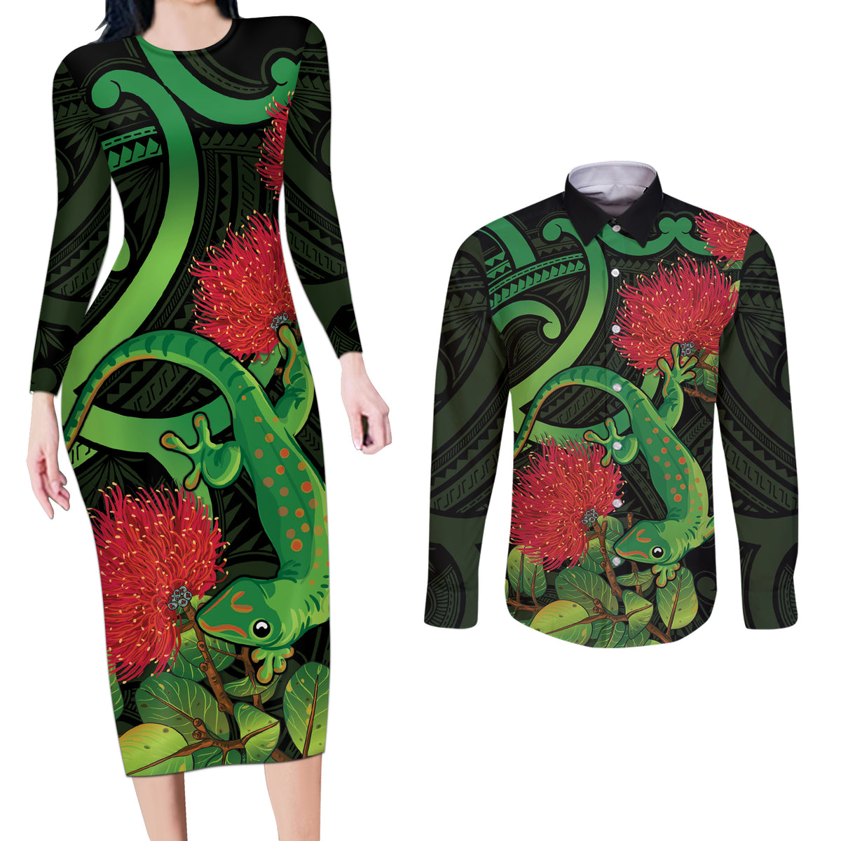 New Zealand Gecko Couples Matching Long Sleeve Bodycon Dress and Long Sleeve Button Shirt Aotearoa Maori With Pohutukawa Flowers LT14 Black - Polynesian Pride