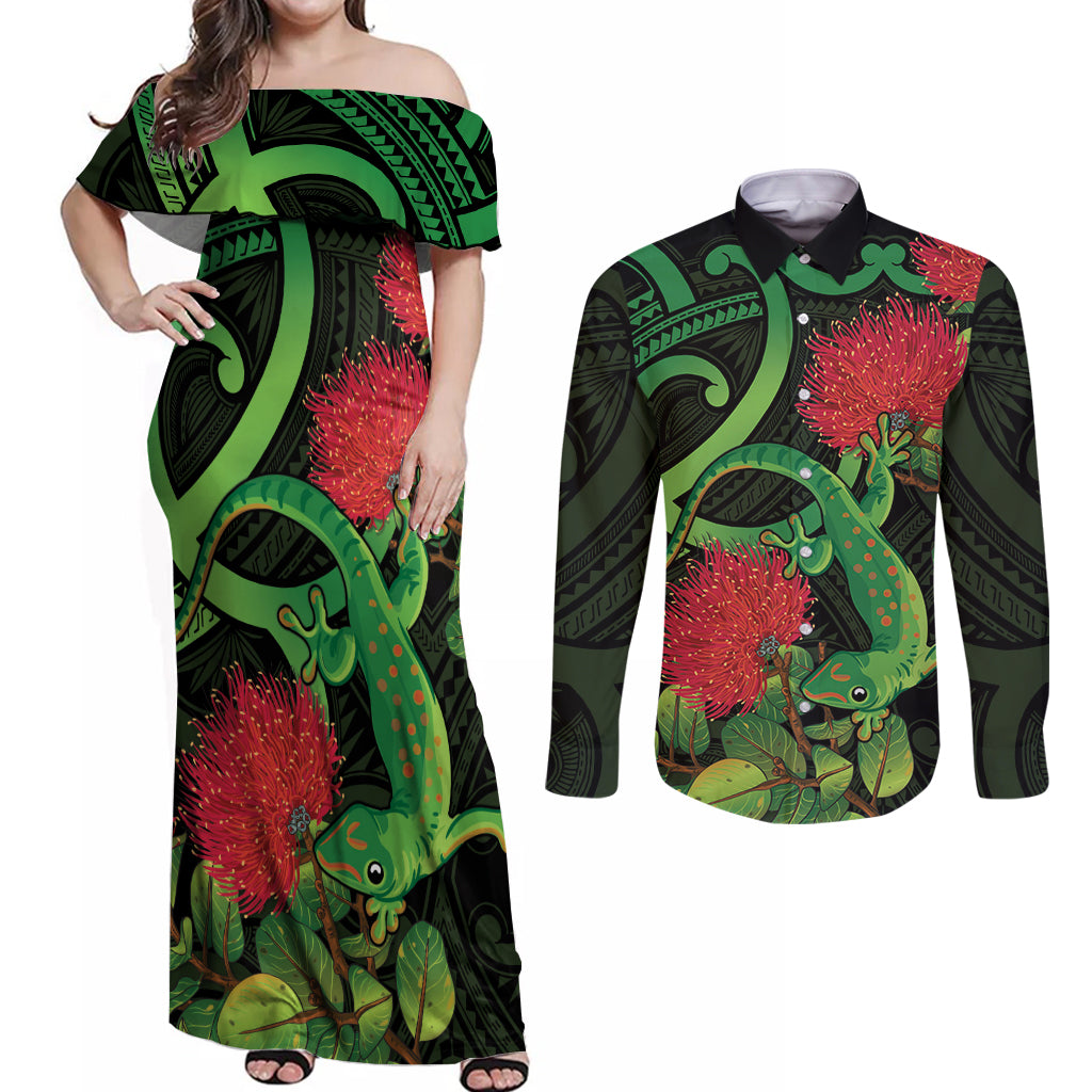 New Zealand Gecko Couples Matching Off Shoulder Maxi Dress and Long Sleeve Button Shirt Aotearoa Maori With Pohutukawa Flowers LT14 Black - Polynesian Pride