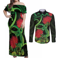 New Zealand Gecko Couples Matching Off Shoulder Maxi Dress and Long Sleeve Button Shirt Aotearoa Maori With Pohutukawa Flowers LT14 Black - Polynesian Pride