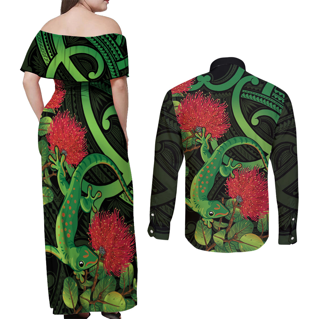 New Zealand Gecko Couples Matching Off Shoulder Maxi Dress and Long Sleeve Button Shirt Aotearoa Maori With Pohutukawa Flowers LT14 - Polynesian Pride
