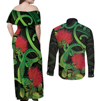 New Zealand Gecko Couples Matching Off Shoulder Maxi Dress and Long Sleeve Button Shirt Aotearoa Maori With Pohutukawa Flowers LT14 - Polynesian Pride