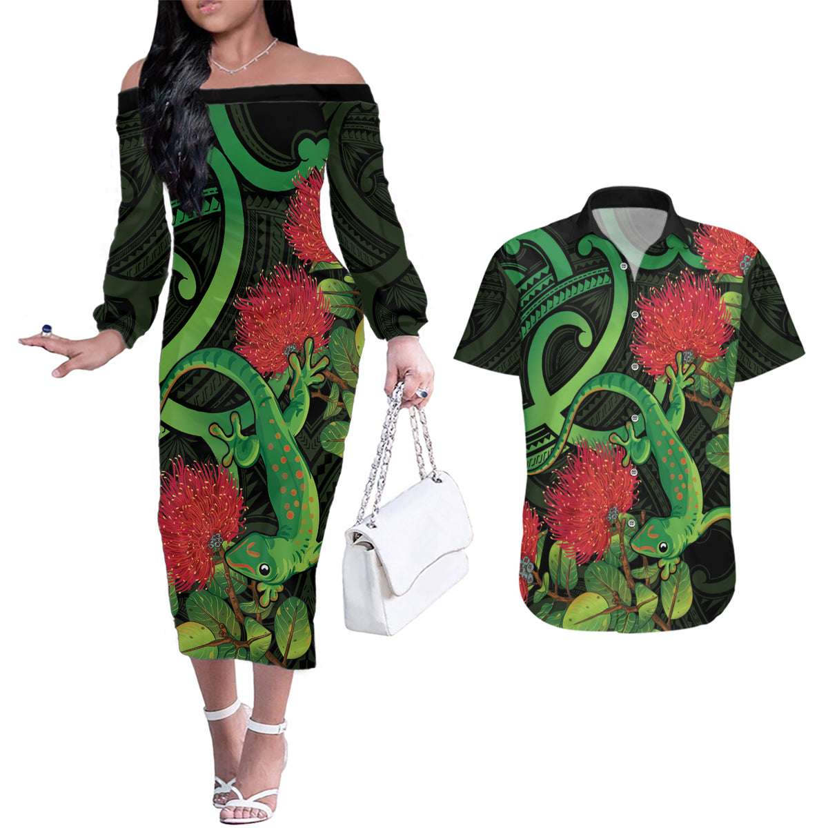 New Zealand Gecko Couples Matching Off The Shoulder Long Sleeve Dress and Hawaiian Shirt Aotearoa Maori With Pohutukawa Flowers LT14 Black - Polynesian Pride