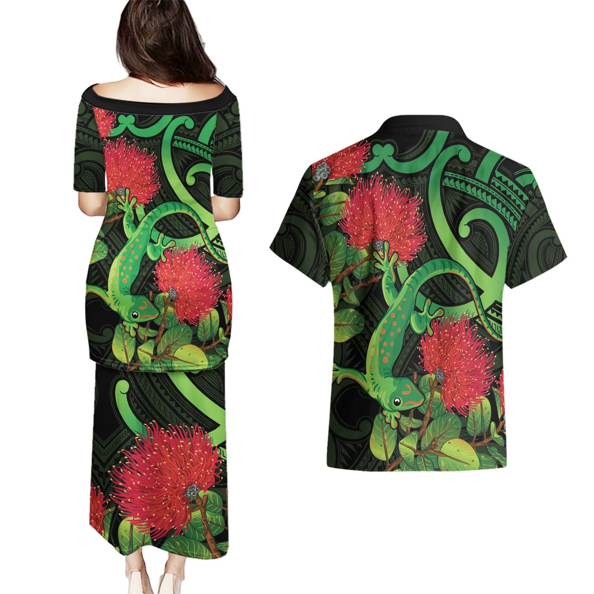 New Zealand Gecko Couples Matching Puletasi and Hawaiian Shirt Aotearoa Maori With Pohutukawa Flowers LT14 - Polynesian Pride