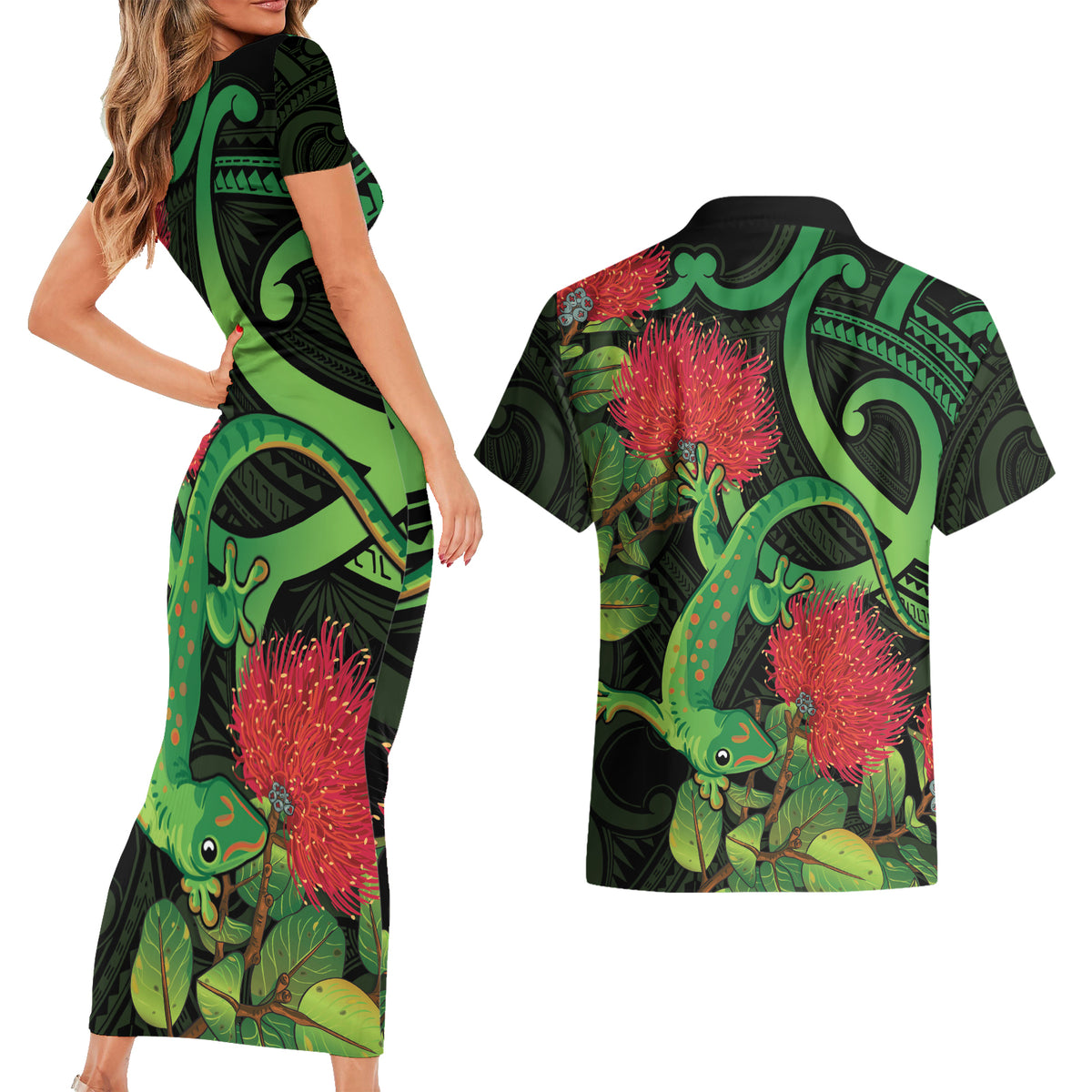 New Zealand Gecko Couples Matching Short Sleeve Bodycon Dress and Hawaiian Shirt Aotearoa Maori With Pohutukawa Flowers LT14 - Polynesian Pride