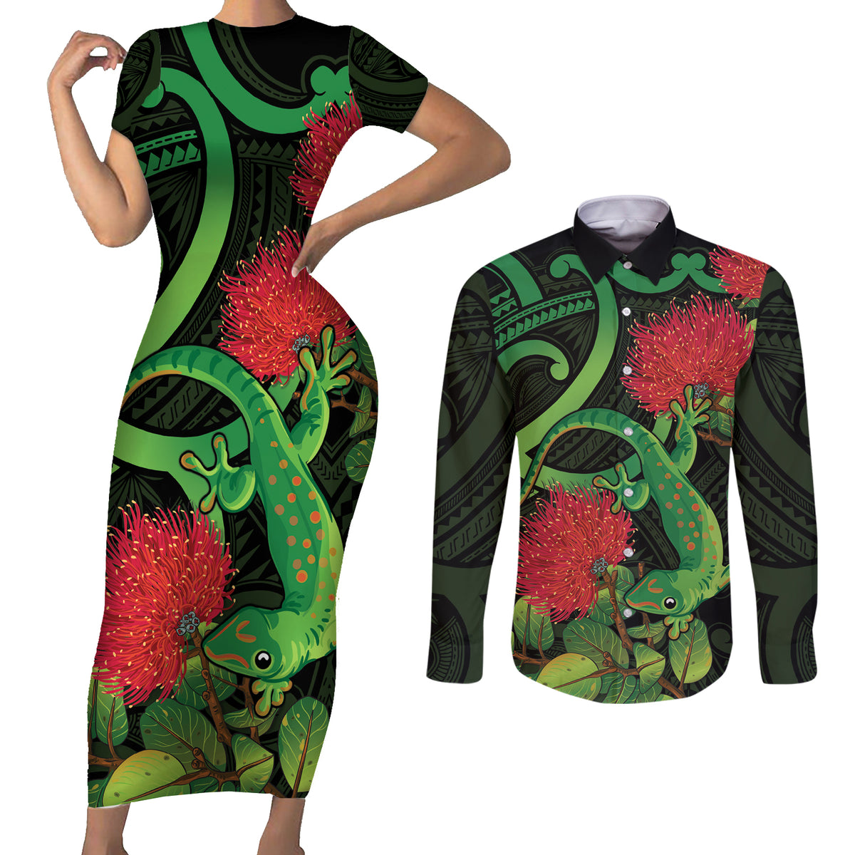 New Zealand Gecko Couples Matching Short Sleeve Bodycon Dress and Long Sleeve Button Shirt Aotearoa Maori With Pohutukawa Flowers LT14 Black - Polynesian Pride