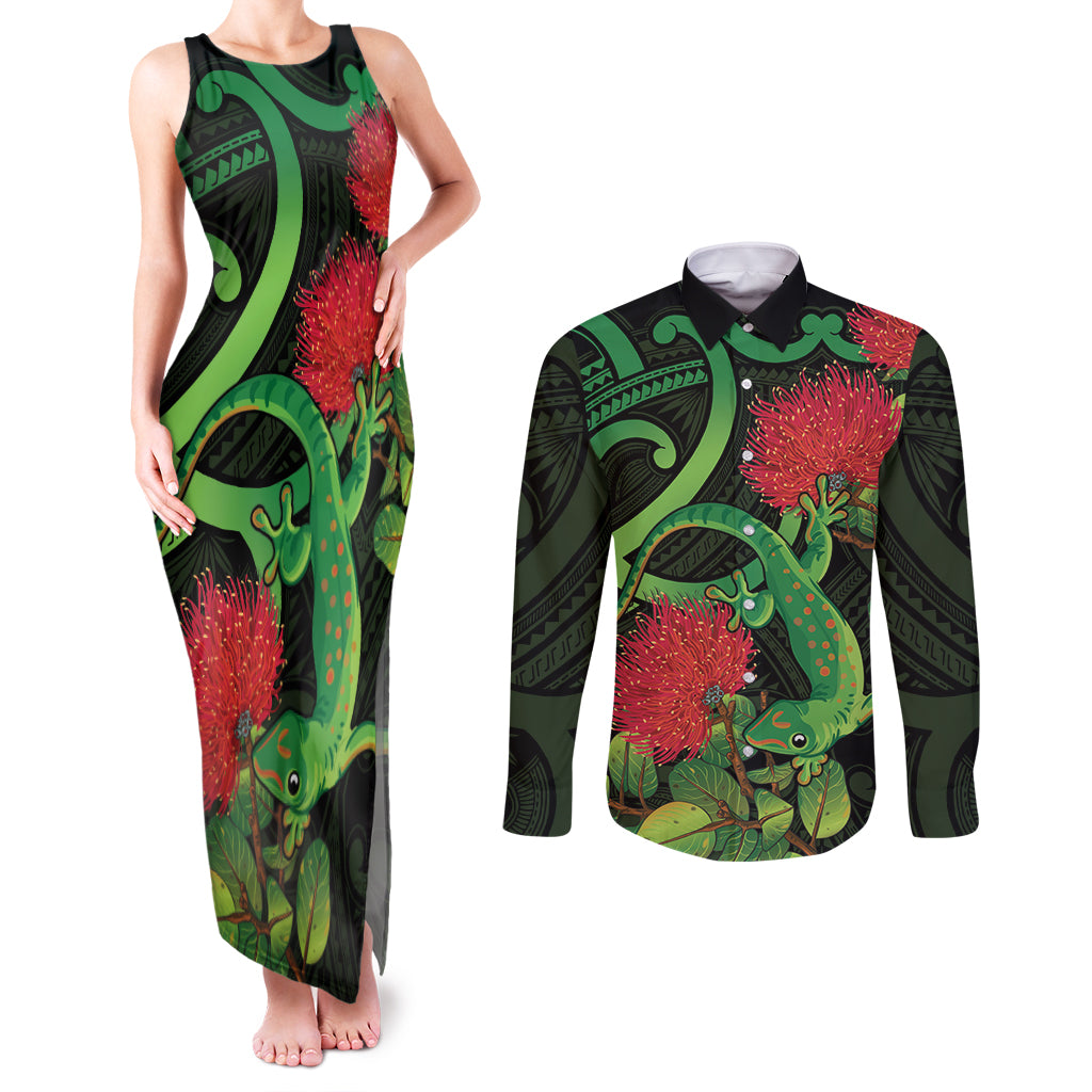 New Zealand Gecko Couples Matching Tank Maxi Dress and Long Sleeve Button Shirt Aotearoa Maori With Pohutukawa Flowers LT14 Black - Polynesian Pride
