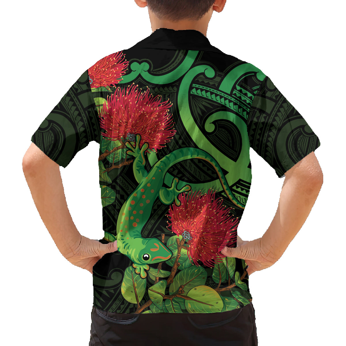 New Zealand Gecko Family Matching Off The Shoulder Long Sleeve Dress and Hawaiian Shirt Aotearoa Maori With Pohutukawa Flowers LT14 - Polynesian Pride