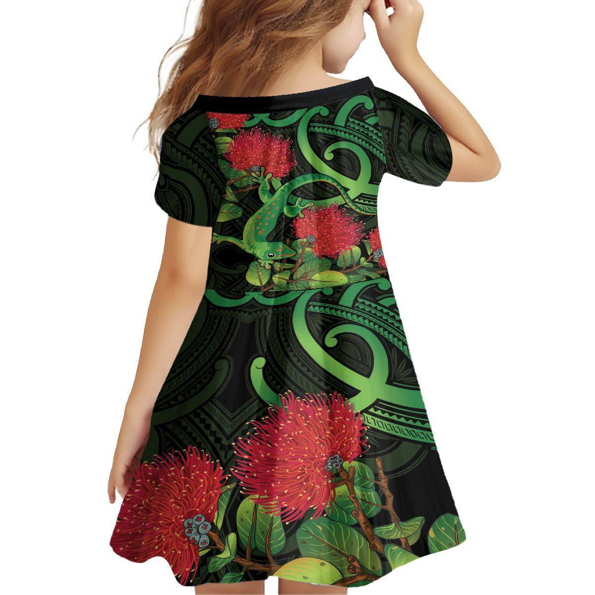 New Zealand Gecko Family Matching Off The Shoulder Long Sleeve Dress and Hawaiian Shirt Aotearoa Maori With Pohutukawa Flowers LT14 - Polynesian Pride