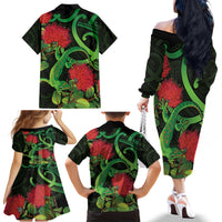 New Zealand Gecko Family Matching Off The Shoulder Long Sleeve Dress and Hawaiian Shirt Aotearoa Maori With Pohutukawa Flowers LT14 - Polynesian Pride