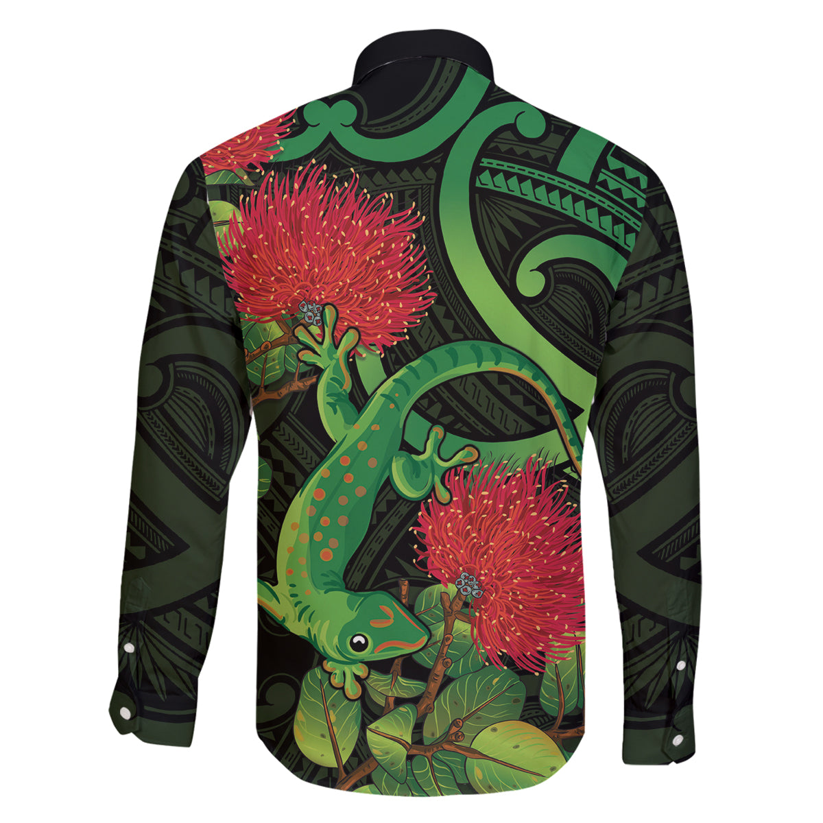 New Zealand Gecko Family Matching Off The Shoulder Long Sleeve Dress and Hawaiian Shirt Aotearoa Maori With Pohutukawa Flowers LT14 - Polynesian Pride