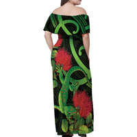 New Zealand Gecko Family Matching Off Shoulder Maxi Dress and Hawaiian Shirt Aotearoa Maori With Pohutukawa Flowers LT14 - Polynesian Pride