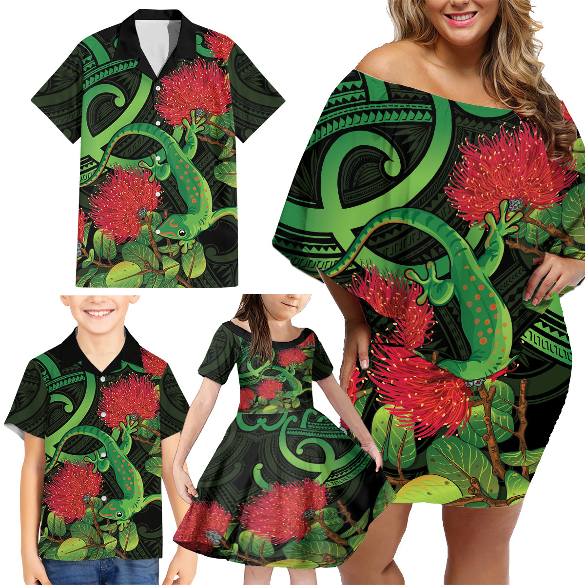 New Zealand Gecko Family Matching Off Shoulder Short Dress and Hawaiian Shirt Aotearoa Maori With Pohutukawa Flowers LT14 - Polynesian Pride
